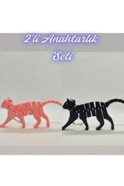 3DAtölyeMaker Light Pink Flexible Cat and Black Flexible Cat Keychain