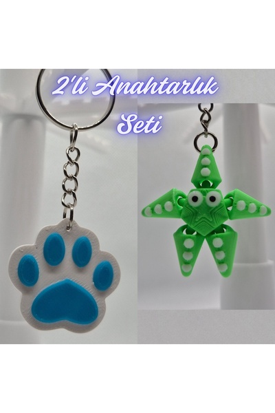 3DAtölyeMaker Light Blue Cat Paw and Green Moving Starfish Keychain