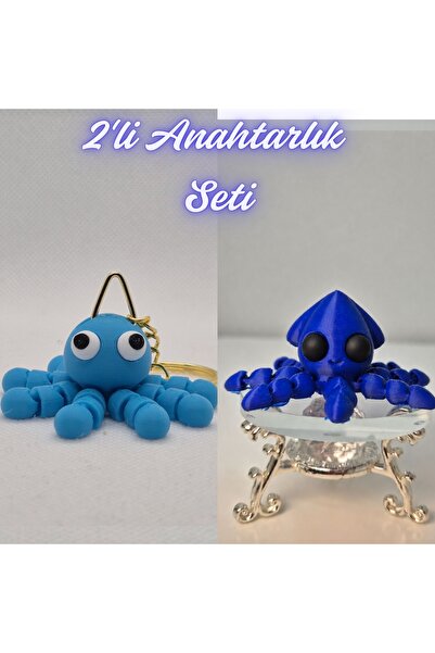 3DAtölyeMaker Light Blue Confused Octopus and Blue Squid Keychain