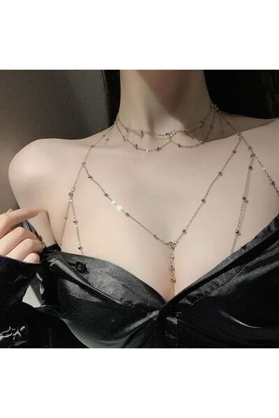 Ravinity Sexy Vücut Zinciri, Taş Detaylı Toplu Zincir Göğüs Kolyesi