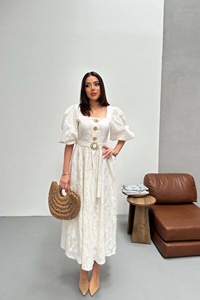 Maxi modena White Balloon Sleeve Three-Button Belt Detailed Dress