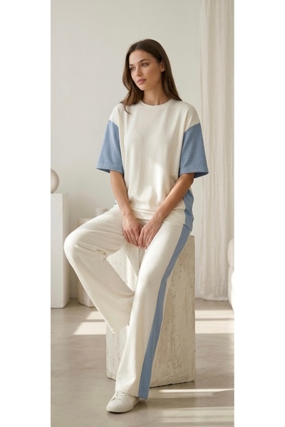 Die&More Color Detailed Elastic Waist Pants and Blouse Double Set