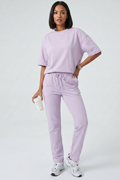 Runades Women's Patternless Oversize Two Thread Short Sleeve Smoked Tracksuit...
