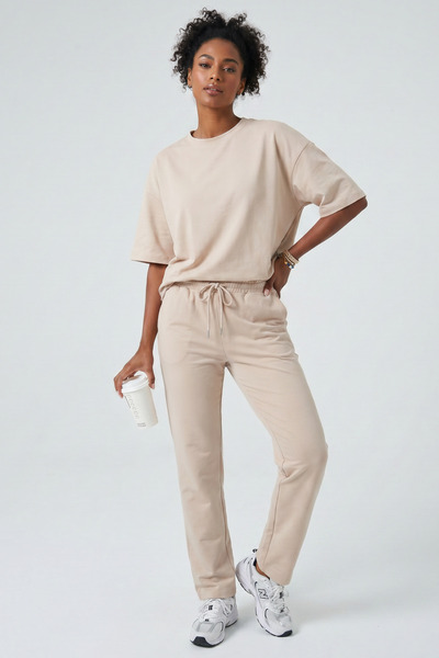 Runades Women's Patternless Oversize Two Thread Short Sleeve Smoked Tracksuit...
