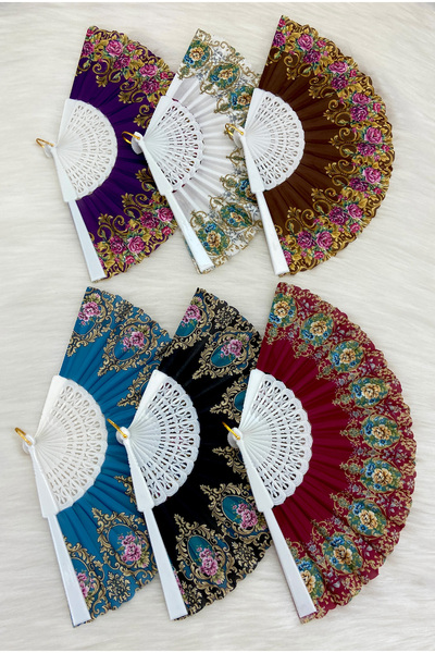 ZEYMERADE Mixed Color Bridal Bridesmaid Fans, Floral Pattern, Bride Bachelorette Party Henna Gift, 6 Pieces