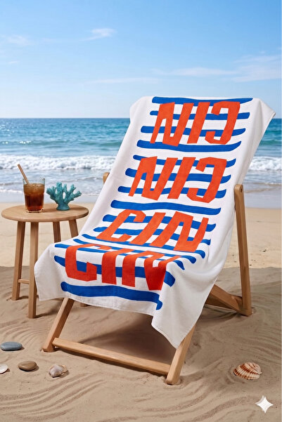 ASDİVA Cın Cın Written White Navy Blue Striped Design Beach Towel 75X150