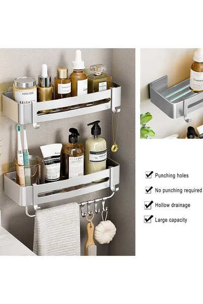 HI-FINE 3 Tier Shower Caddy Corner Corner Shower Organizer Aluminium Alloy Shower Corner Shelf with 10 Removable Hooks and Towel Bar No-Drilling Wall Adhesive Installation 32.4*12.8cm