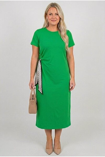 Koza Butik Women's Plus Size Short Sleeve Crew Neck Dress with Side Scarf Det...