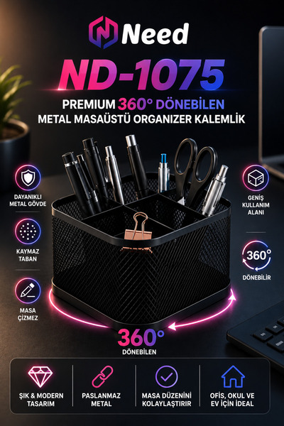 Need ND-1075 Premium 360° Dönebilen Metal Masaüstü Organizer Kalemlik