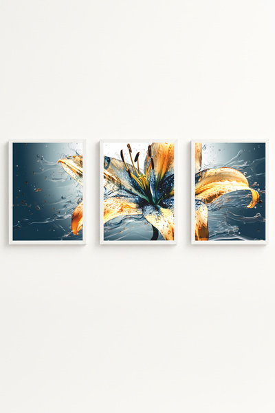 huhuli Set de picturi moderne cu 3 piese, cu model floral, cu ramă din lemn a...