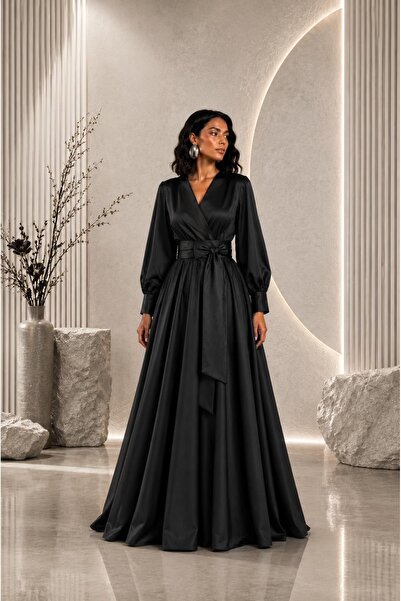 UNTIMELY Double-Breasted & Belted Black Taffeta Maxi Stylish Event Dress
