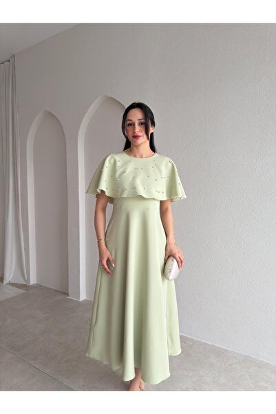 Mooi Butik TATE Φόρεμα Μίντι με Πέτρινη Κάπα 4387 - Νεροπράσινο