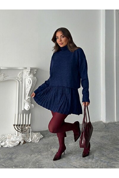 POİNE Women's Premium High-Neck Sweater and Pleated Mini Skirt Knitwear Set