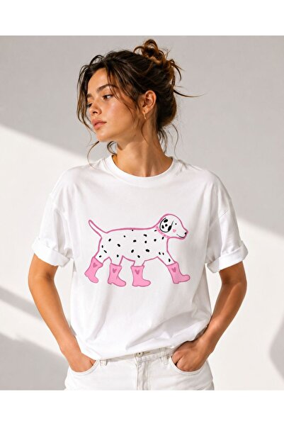 Hediyenza Women's Pink Boots Dog Short Sleeve White T-Shirt