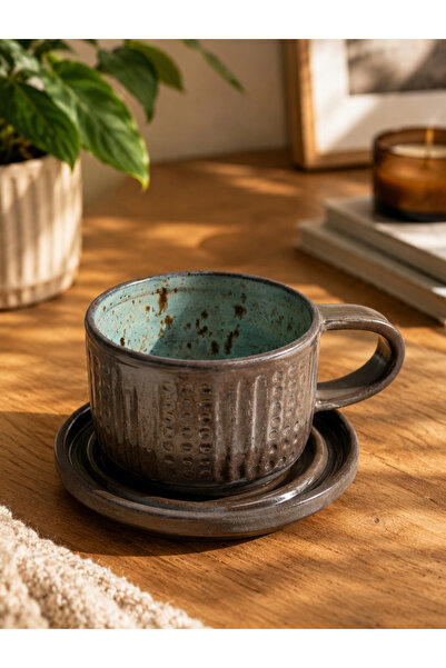 El Yapımı Stoneware Seramik Latte Kupası – Dokulu Kahve Kupası ve Altlığı