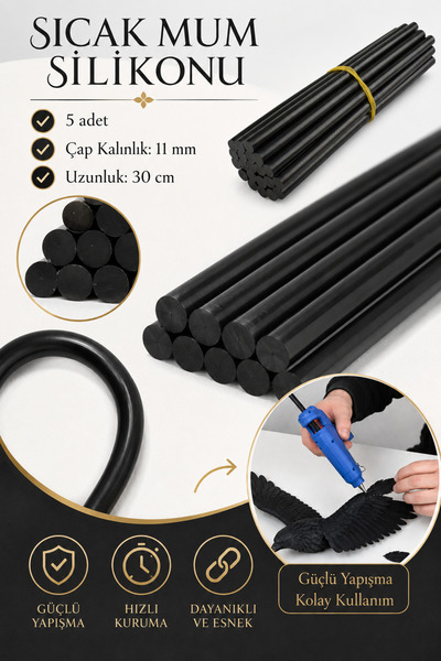 Badem10 (5 ADET) Siyah Renk Kalın Sıcak Mum Silikon 11 mm Çubuk Hobi Süs Hedi...