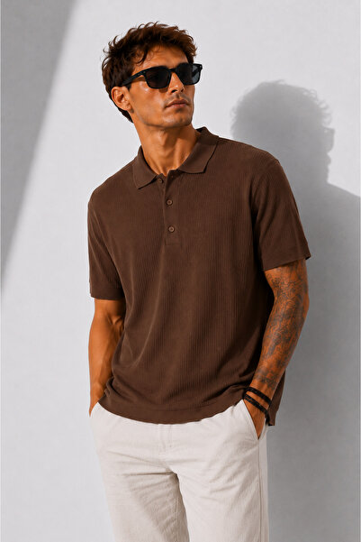 ribana Men's Short Sleeve Ribbed Half Button Closure Polo Collar T-Shirt 26001