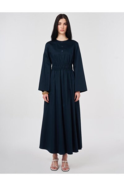 Kayra Women's Crew Neck Waist Detailed Zipper Closure 100% Cotton Long Dress
