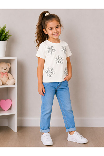ModaPlaza Girl's Daisy Stone Embroidered Combed Cotton T-Shirt 10939