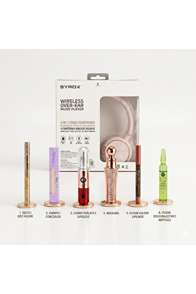 syroxs Syrox Pembe Kablosuz Kulaklık Ve 6'lı Makyaj Kozmetik Seti - Premium H...