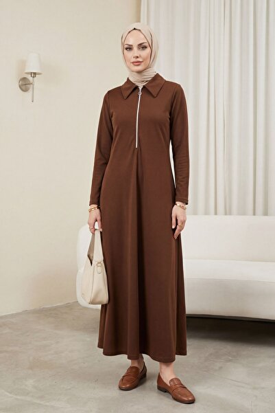 Modamorfo Half-Zip Shirt Collar Long Dress -Brown