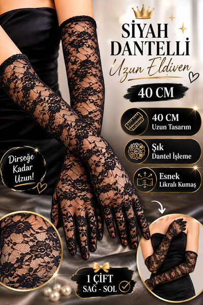 Tamsena Store Kadın Siyah Dantelli Uzun Eldiven 40 CM Transparan Likralı Şık ...