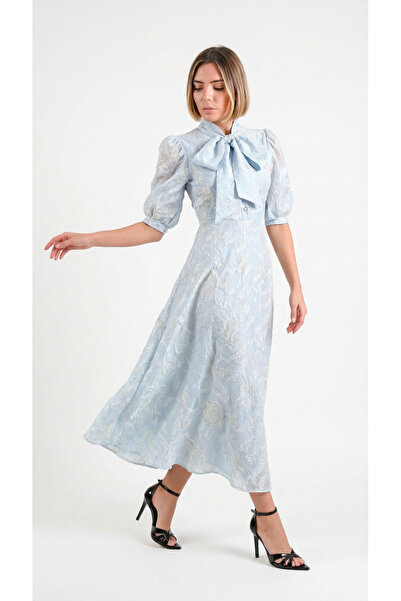 Caddebostan Moda Elegant Embroidered Midi Dress with Bow Detail