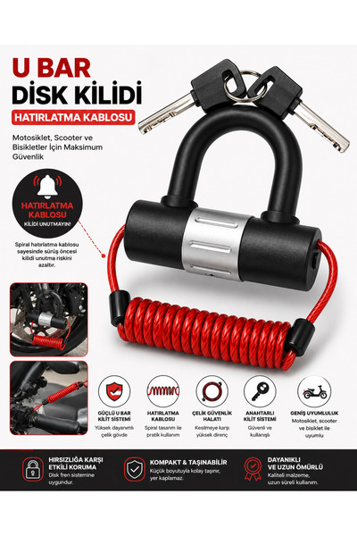 lawrenceshop U Bar Disk Kilidi kırmızı Hatırlatma Kablolu Motosiklet Güvenlik...
