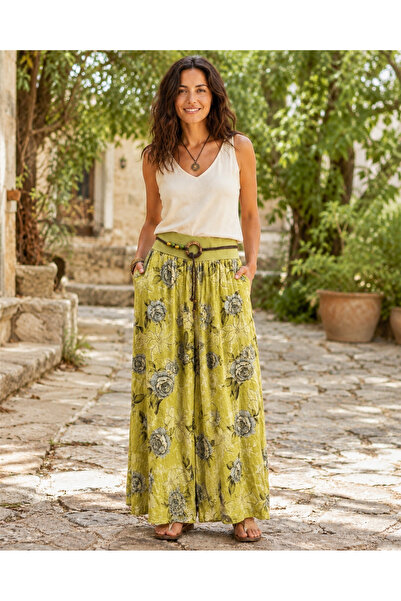 Miss Boheme Pistachio Green Color Floral Patterned Italian Linen Trousers wit...