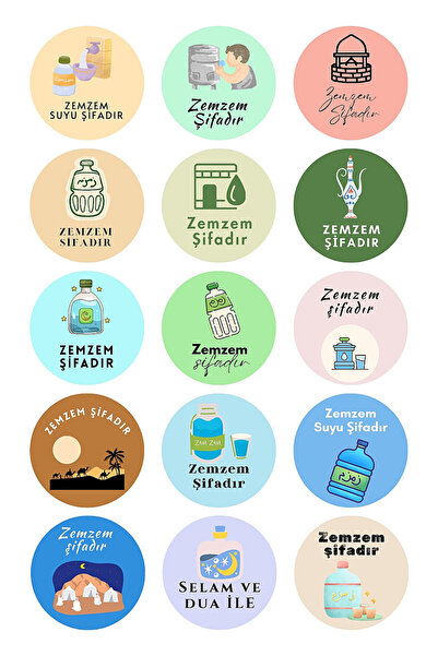 Bimotif 15 farklı Zem Zem Suyu Hac Hediyelik için Paketleme Sticker, 4x4cm, K...