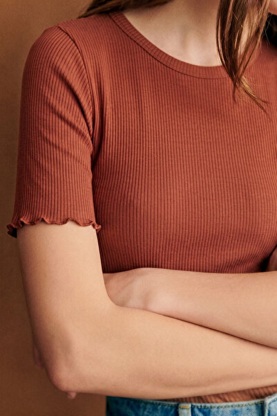 UNIQVIBE Organik Pamuk Kiremit Kadın Dikiş Detaylı Fitilli Tişört