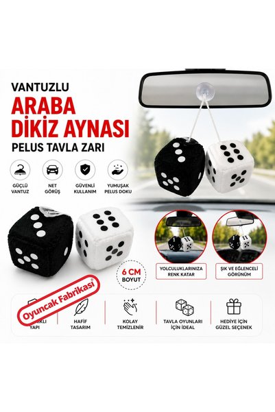 Wibo Plush Backgammon Game Dice with Suction Cup Rear View Mirror Ornament Black and White Dice 2 Pieces 6 cm