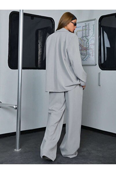 Snatch Women's Gray Color Lined Oversize Blazer Jacket and High Waist Pants Two Piece Set