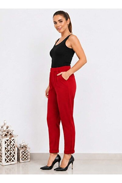 kısmet sepeti Women's Stretchy Crepe Fabric Double Leg Red Trousers with Elas...