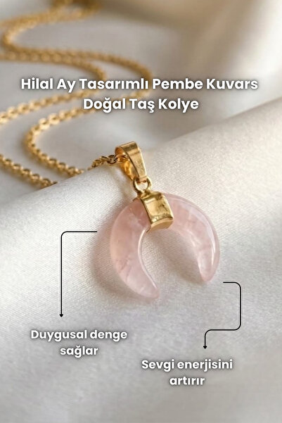 Elifsu Jewelry Hilal Şeklinde Altın Detaylı Minimal Doğal Taş Kolye Pembe Kuv...