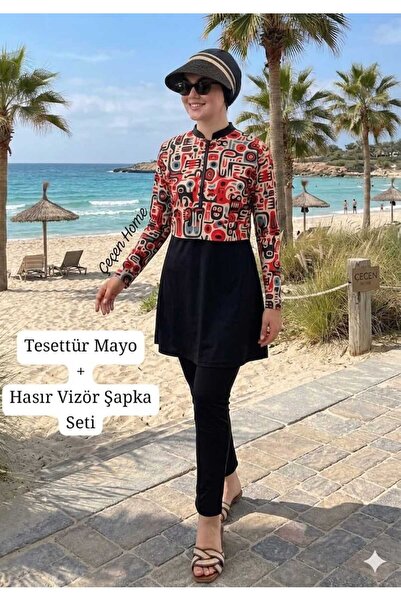 ÇEÇEN HOME Bone Modelli Half-Zip Detailed Cropped Hijab Swimsuit and Visor Ha...