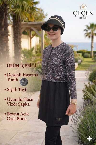 ÇEÇEN HOME Bone Modelli Half-Zip Detailed Cropped Hijab Swimsuit and Visor Ha...