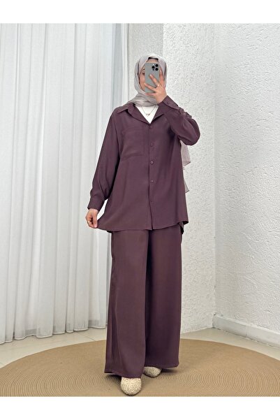 MİHRA STORE Yamaç Single Pocket Oversize Pants Suit-Zi̇2232 Plum