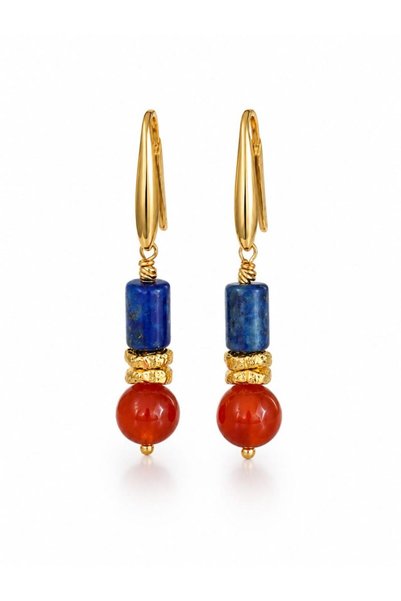 Home Lapis and Agate Stone Steel Earrings |   Natural Stone Dangle Earrings