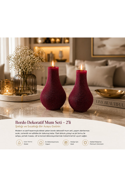 VANTES 2’li Bordo Dekoratif Mum Seti – Modern Premium Ev Dekoru Mum