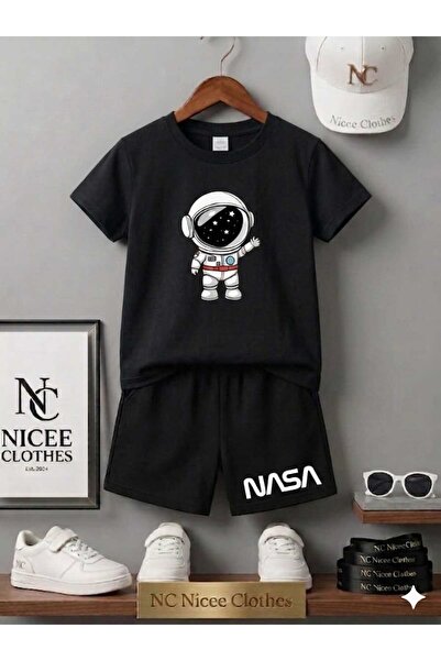 NC Nicee Clothes تي شيرت صيفي للأطفال شورت للجنسين (طباعة رائد الفضاء ناسا)