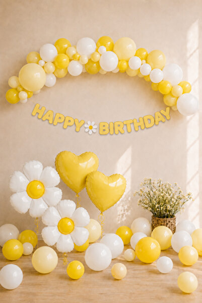 Baloncu Nene Papatya Temalı Doğum Günü Balon Seti Sarı Beyaz Happy Birthday B...