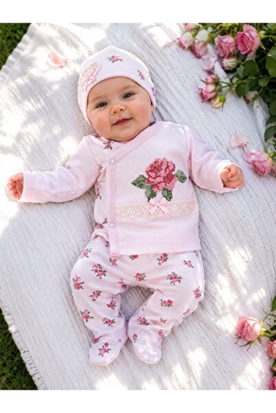 Pure Boutique Set bebe fetita 3 piese roz cu imprimeu floral si broderie tran...