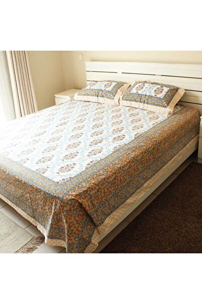 Weswadesi Bedsheet and 2 Pillow Covers – Kalamkari pattern Blue and Yellow
