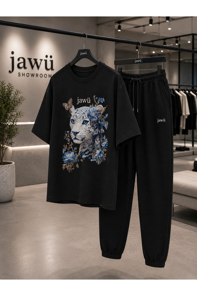 JAWÜ STYLE Син комплект анцуг с тениска с принт на гепард