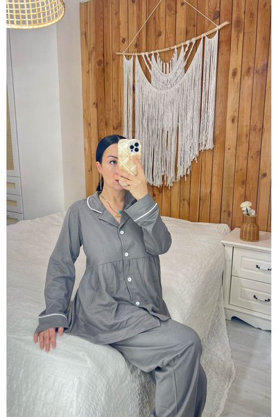 Pijamapartisi Gray Color Cotton Fabric Pleated Maternity and Postpartum Pajama Set