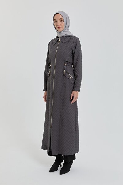 Nihan Thin Quilted Waist Gathered Overcoat - Anthracite