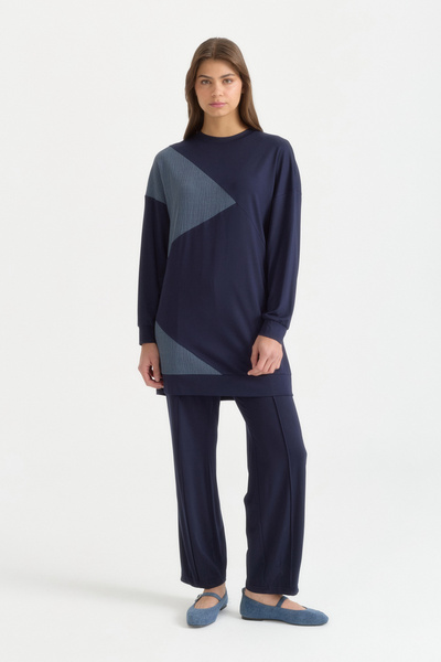 Nihan Comfortable Fit Knitted Trousers Rayon Blend Set - Navy Blue