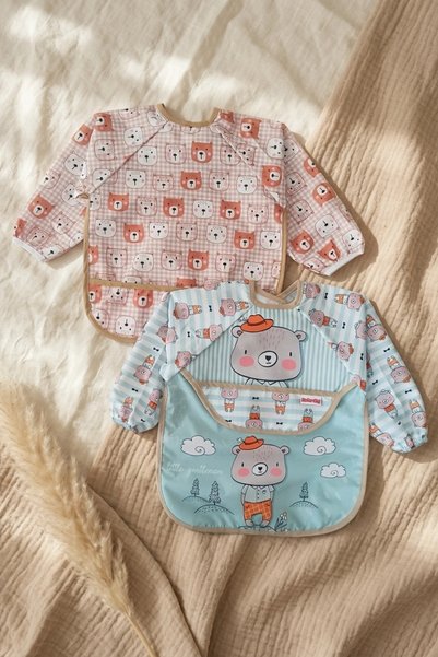 Babydonat Teddy Guard Liquid-Proof Long Sleeve Baby Bib Set of 2 - 6-24 Months Stain-Proof Blw Compatible Bear