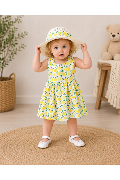 MASAL BEBE KİDS LİMON TANELERİ DESENLİ ŞAPKALI ELBİSE